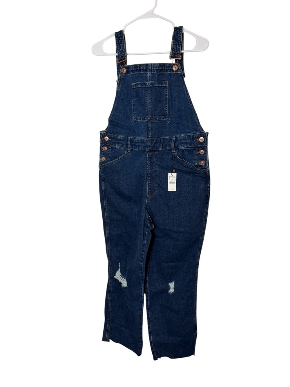 Express Dark Blue Denim Overalls with Knee Rips - Picture 2 of 7
